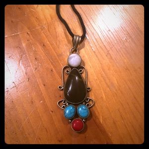 Brn Agate, Red Coral, Moonstone, Turquoise pendant